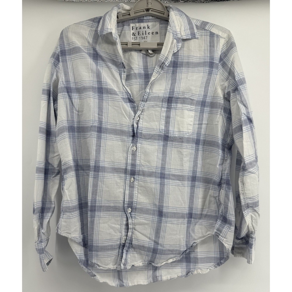 Frank &‎ Eileen "EILEEN" Relaxed Plaid Button Up Shirt Women XS White Blue Gray